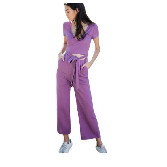 Urban Outfitters Cutout Linen high Waist Wide Leg Wrap Cropped Jumpsuit Purple M - Picture 1 of 13